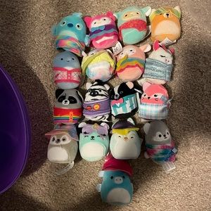 Lot of 17 squishville all with accessories. Comes with egg shaped carrying case.